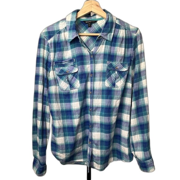 Express Top Long Sleeve Button Up Shirt Plaid Green Purple Sparkle Large Western - Picture 1 of 5
